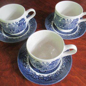 Vintage Blue Willow cup and saucer set lot of 3 Churchill made in England
